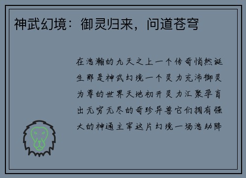 神武幻境：御灵归来，问道苍穹