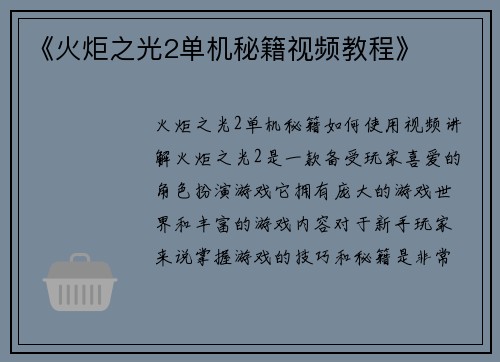 《火炬之光2单机秘籍视频教程》
